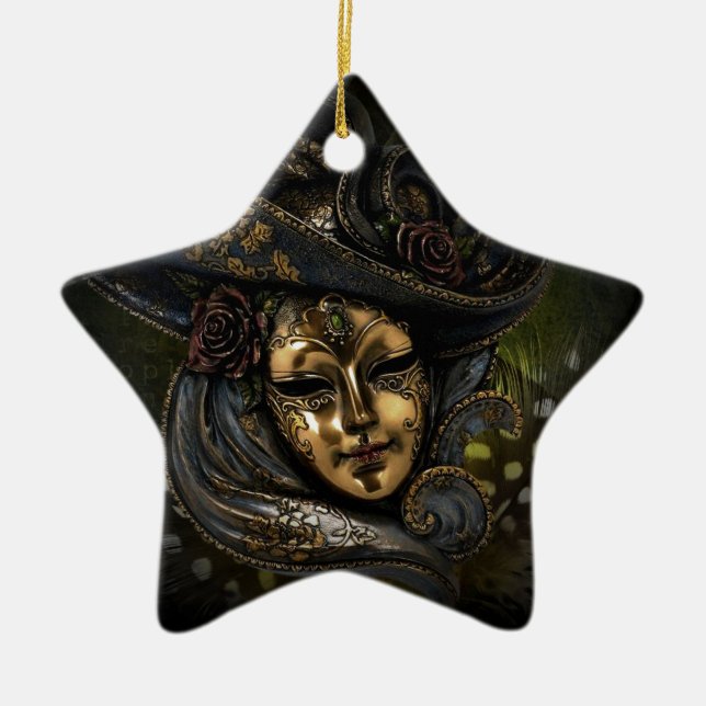 Venezianische Karnevalsmaske aus Gold mit blauer H Keramikornament (Vorne)