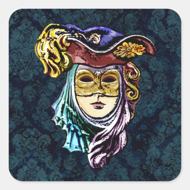 Venezianische Maske auf dunklem Damast Hintergrund Quadratischer Aufkleber (Vorderseite)