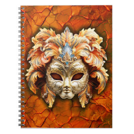 Venezianische Maske mit orangefarbenen Pflaumen im Notizblock