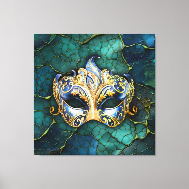 Venezianische Maske zum Aquamarin-blauen Hintergru Leinwanddruck (Vorderseite)