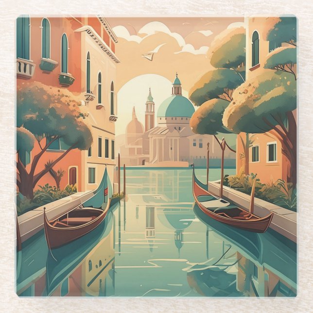 Venice Glass Coaster: Gondola & Canal View Glasuntersetzer (Vorderseite)