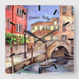 Venice - Pen & Wash Watercolor Painting Quadratische Wanduhr