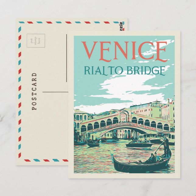 Venice Rialto Bridge Illustration Italien Postcard Postkarte (Vorne/Hinten)