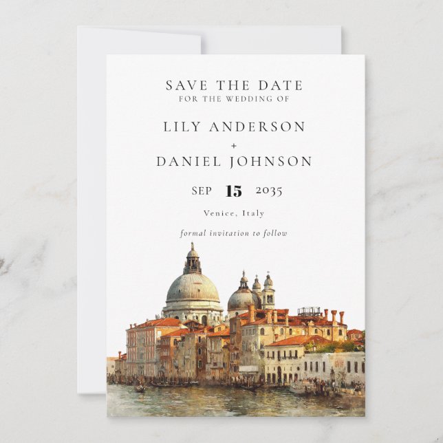 Venice Skyline Watercolor Elegant Wedding Save The Date (Vorderseite)