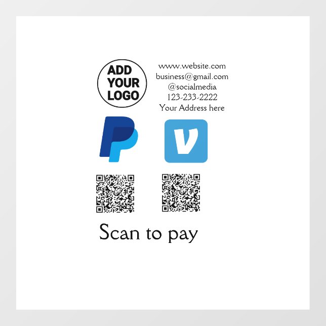 Venmo PayPal-Scan zu zahlen q oder Code-Logo-Text Fensteraufkleber (Blatt)