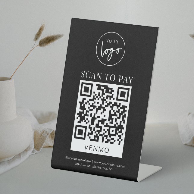 Venmo QR Code Bezahlung Minimaler schwarzer Logos  Sockelschild (Minimalist scannable payment QR sign in black and white with space for your logo)