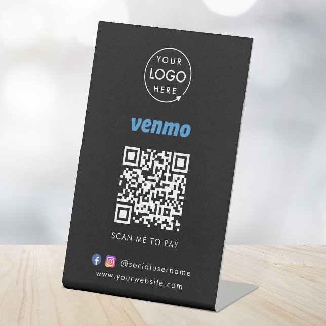 Venmo QR Code Payment Black Scan to Pay Business Sockelschild (Interactive "scan to pay” QR code cash wrap table signage for collecting digital payment by Venmo.)
