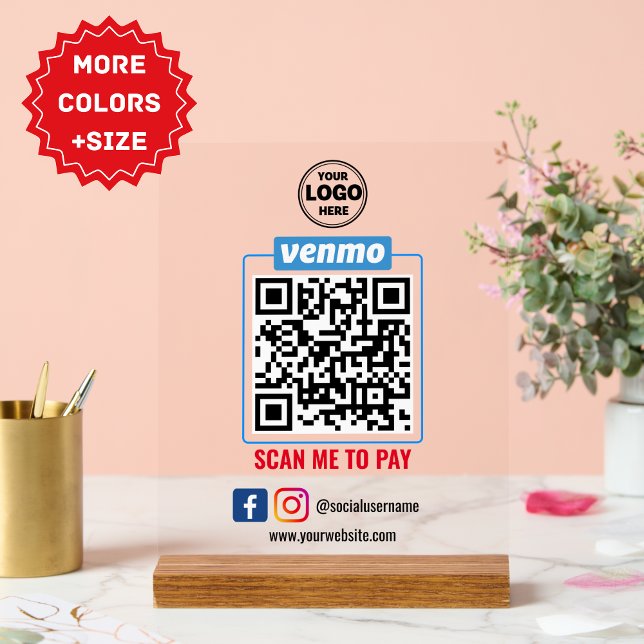 Venmo QR Code Zahlung | Recherche, um Unternehmen  Acrylschild (Editable Scan to Pay Sign QR Code Sign Template)