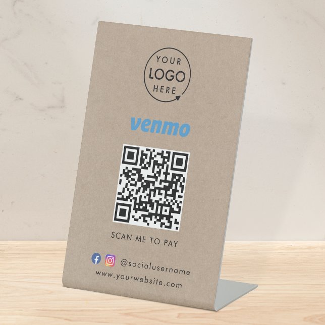 Venmo QR Code Zahlung | Rustikales Kraft-Logo Sockelschild (Venmo transaction electronic payment signs for sales, retail stores, salons, pop-ups, events & more!)