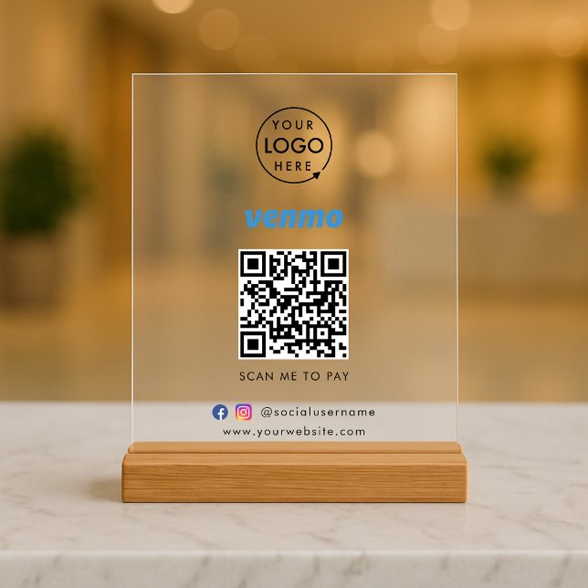 Venmo QR Code Zahlung | Scan to Pay Business Logo Acrylschild (Interactive "scan to pay” QR code cash wrap table signage for collecting digital payment by Venmo.)