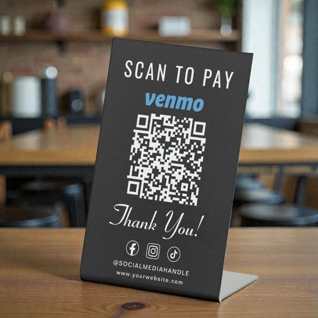 Venmo Scan to Pay QR-Code Tischständer Schwarz Sockelschild (Venmo Scan to Pay QR Code Tabletop Black Pedestal Sign)