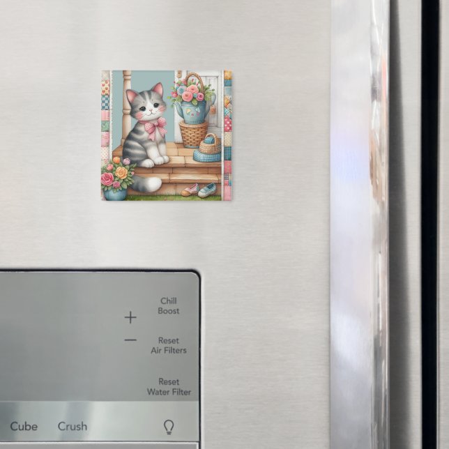 Veranda-Kätzchen-Blumen-Patchwork-Szene Magnet (In Situ (Kühlschrank))