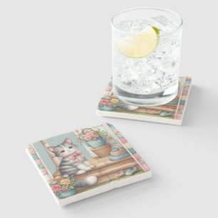 Veranda-Kätzchen-Blumen-Patchwork-Szene Steinuntersetzer