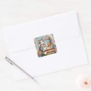 Veranda-Kitty-Blumen-Patchwork-Szene Quadratischer Aufkleber