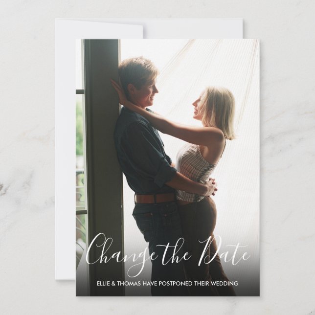 Verändertes Datum Aufgeschobene Hochzeits-Script-F Save The Date (Vorderseite)