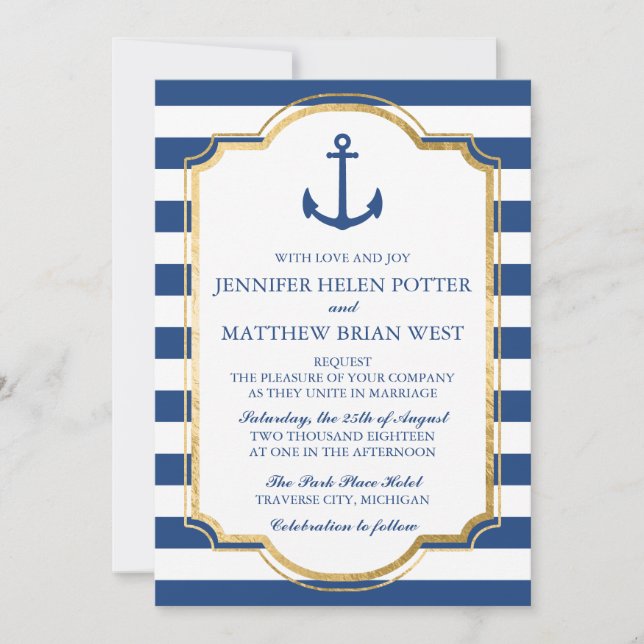 Verankert in Liebe II Nautic Anchor Stripe Wedding Einladung (Vorderseite)