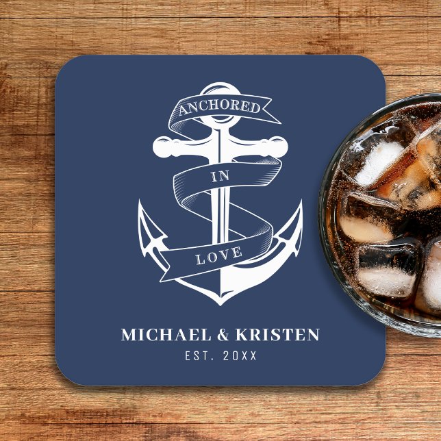 Verankert in Liebe Nautical Blue Anchor Hochzeit Rechteckiger Pappuntersetzer (Anchored in Love Nautical Blue Anchor Wedding Square Paper Coaster
)
