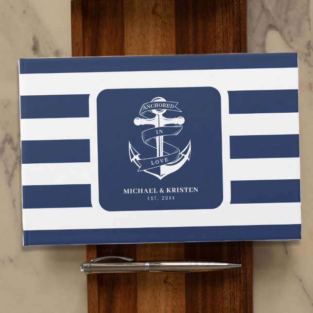 verankert in Liebe Nautical Blue Anchor Striping Gästebuch (Anchored in Love Nautical Blue Anchor Striped Guest Book
)