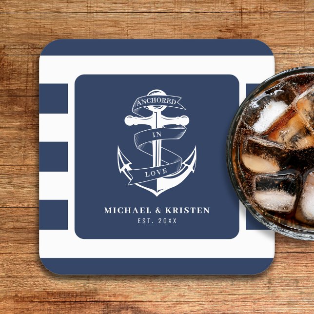 verankert in Liebe Nautical Blue Anchor Striping Rechteckiger Pappuntersetzer (Anchored in Love Nautical Blue Anchor Striped Square Paper Coaster
)