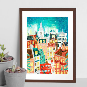 Veranschaulichende London-Stadt im Schnee Weihnach Poster