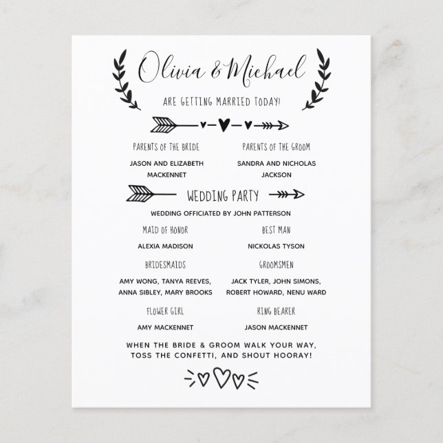 Veranstaltungsreihenfolge des Hochzeitsprogramms (Vorderseite)