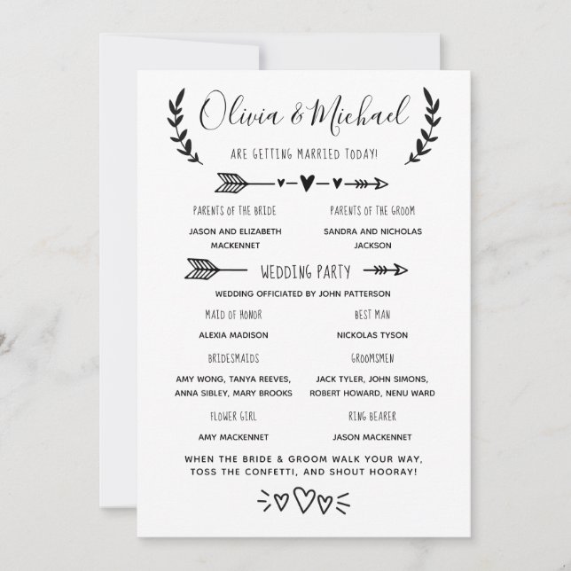 Veranstaltungsreihenfolge des Hochzeitsprogramms Einladung (Vorderseite)