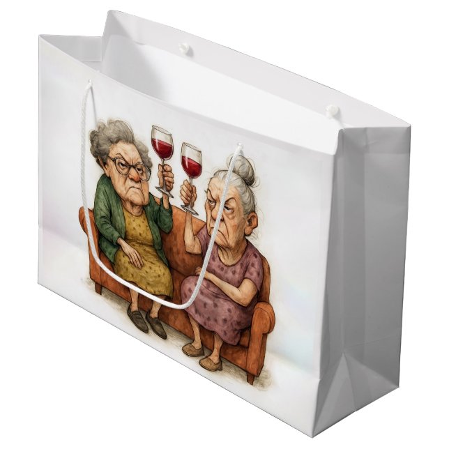 Verärgerte alte Damen mit Rotwein Große Geschenktüte (Vorderseite Schrägansicht)