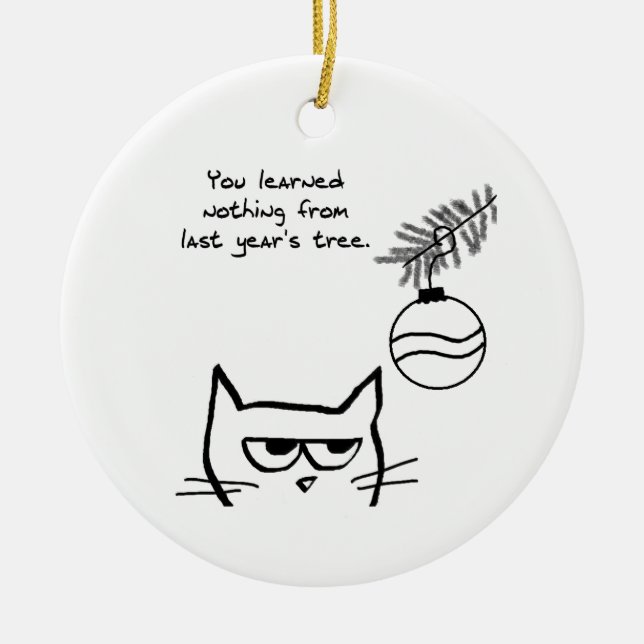Verärgerte Katze und der Weihnachtsbaum Keramikornament (Vorne)