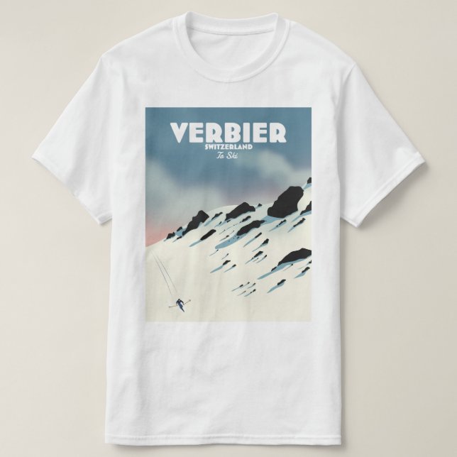 Verbier Schweiz Ski-Poster Kunstdruck. T-Shirt (Design vorne)