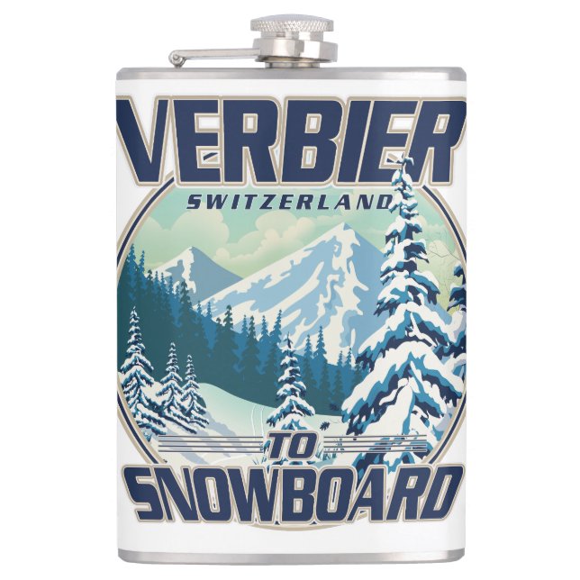 Verbier Schweiz Snowboard Travel Logo Flachmann (Vorderseite)