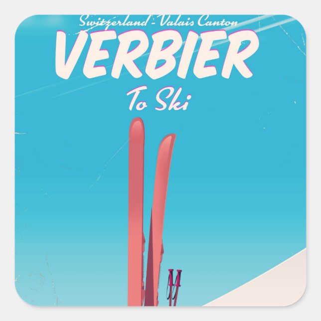 Verbier, Schweiz Vintages Skitourenplakat. Quadratischer Aufkleber (Vorderseite)