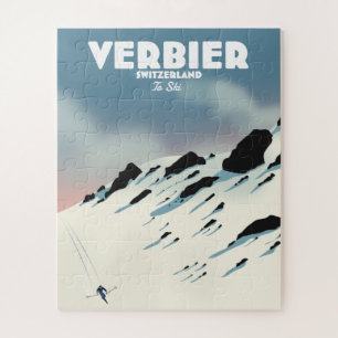 Verbier Switzerland ski travel poster art print. Puzzle