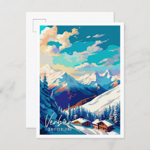 Verbier Switzerland Vintage Illustration Postkarte