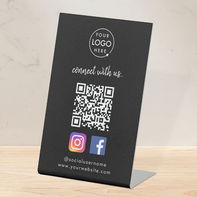Verbinden Sie mit uns | Social Media QR Code Black Sockelschild (Connect with us QR code tabletop signs to promote your social media - Instagram, Facebook & more!)