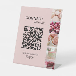Verbinden Sie mit uns Social Media QR Code Rosa Sockelschild