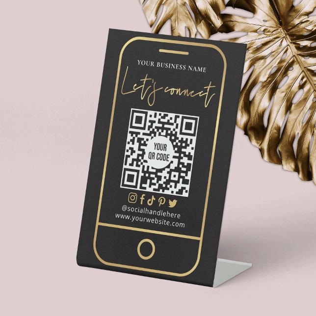 Verbinden wir QR-Code mit Black & Gold-Scannable Sockelschild (Connect with clients easily with this modern black and gold QR code social media table top sign)