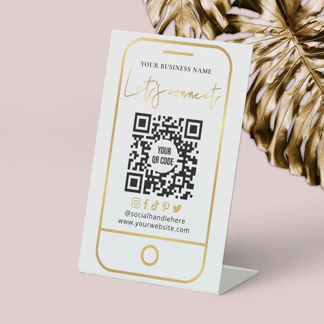 Verbinden wir QR-Code mit White & Gold-Scannable Sockelschild (Connect with clients with this faux gold and white social media QR code pedestal sign)