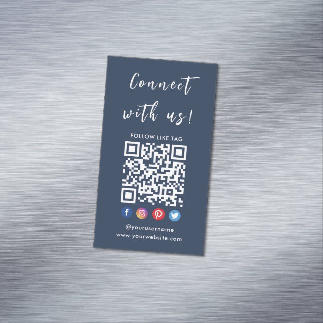 Verbindung mit QR Code Social Media Navy Blue Magnetische Visitenkarte (Beispiel)