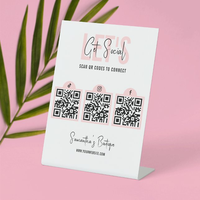 Verbindung mit QR Code Social Media rosa modern Sockelschild (Connect with your clients with this scannable 3 QR code social media sign in pink and white)