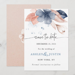 Verblasste Denim & Blush Stilvolle Hochzeitsfloral Save The Date