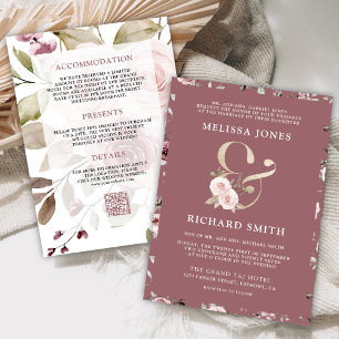 Verblasste Dusty Rose Blumenverkleidungen und QR C Einladung