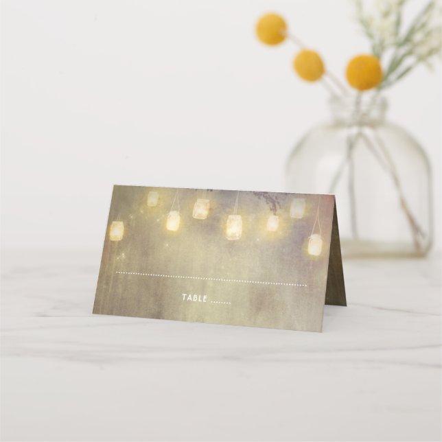 verblasste Mason Jar Lights Rustikale Hochzeit Platzkarte (Vorderseite)