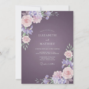 Verblasste Pflaumen-Hortensien-Eukalyptus-Hochzeit Einladung