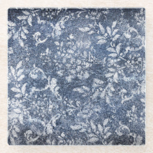 Verblasster floraler Denim: Grungy strukturierte H Glasuntersetzer