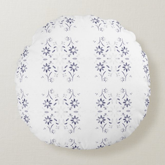 Verblasstes blau-weißes Blumenmuster Rundes Kissen (Vorderseite)