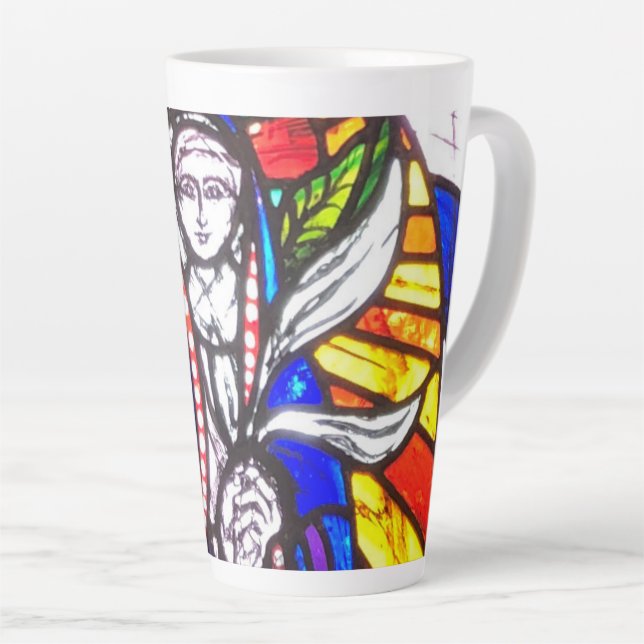 Verbleibendes Glasdesign mit religiöser Abbildung. Milchtasse (Rechte Ecke)