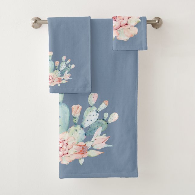 Verblendetes Denim Blue und Aquarellkaktus Badhandtuch Set (Insitu)