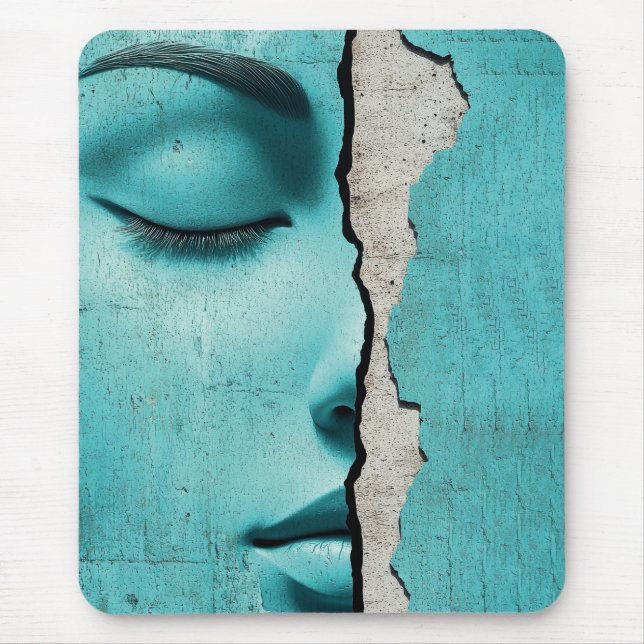 Verborgenes Mädchen hinter einer rissigen mintgrün Mousepad (Vorne)