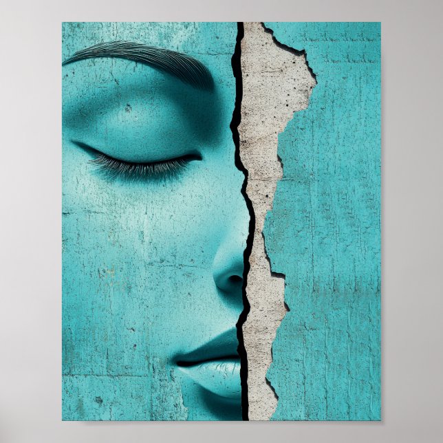 Verborgenes Mädchen hinter einer rissigen mintgrün Poster (Vorne)