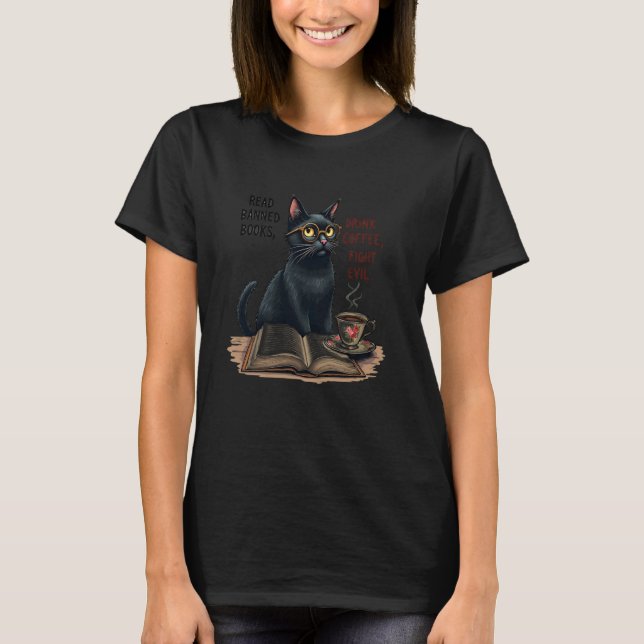 Verbotene Bücher Kaffee Katze T-Shirt (Vorderseite)